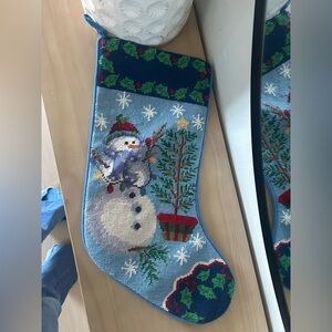 Vintage Needlepoint Joy Snowman Blue Christmas Stocking